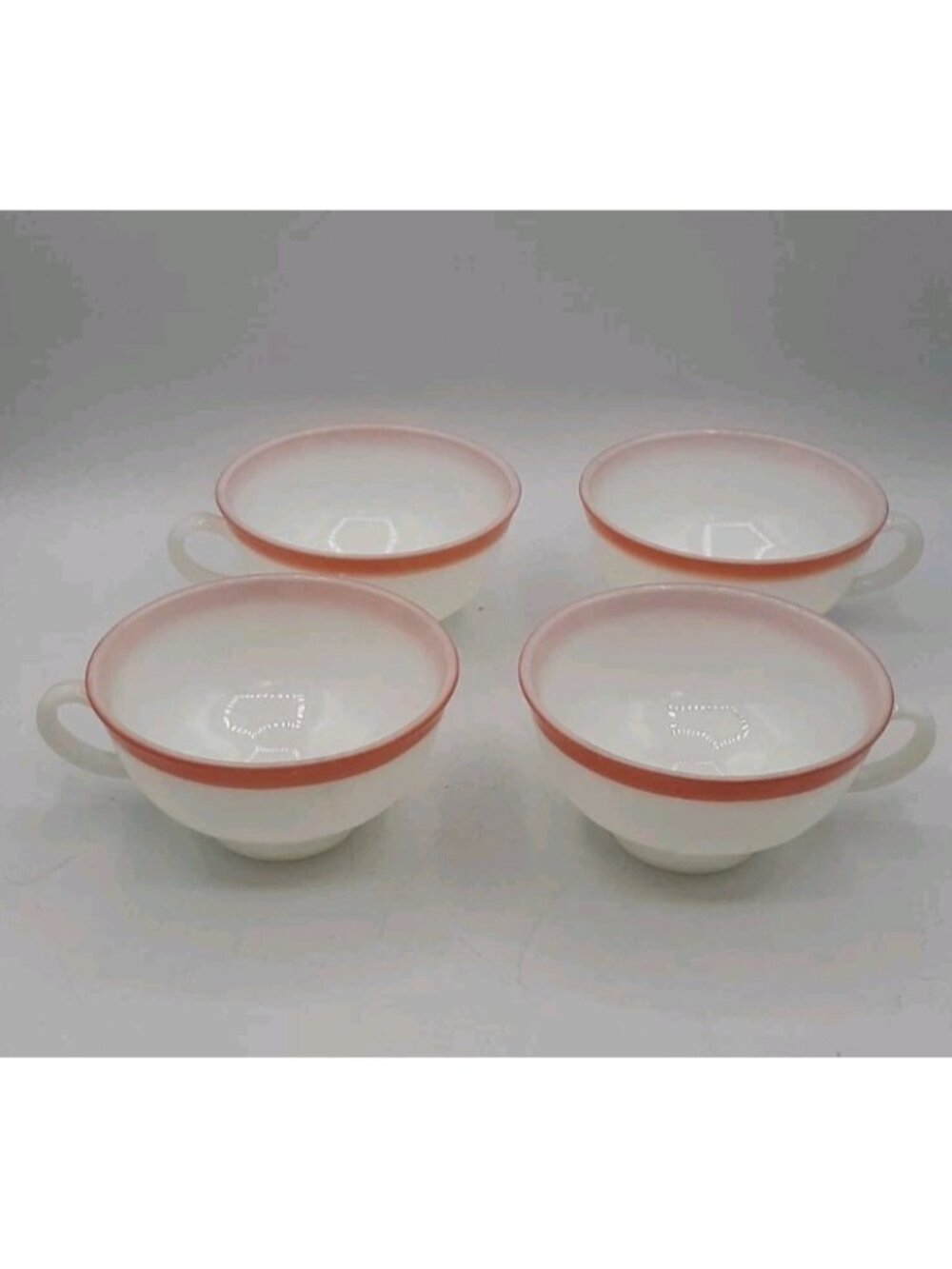 Vintage Set of 4 Pyrex Cups in Milk glass with Flamingo Pink Stripe